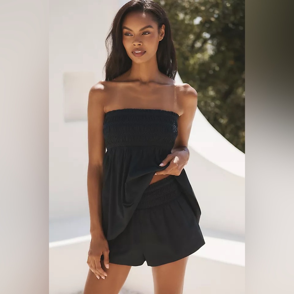 Anthropologie Black Strapless Smocked Dress + Shorts Set